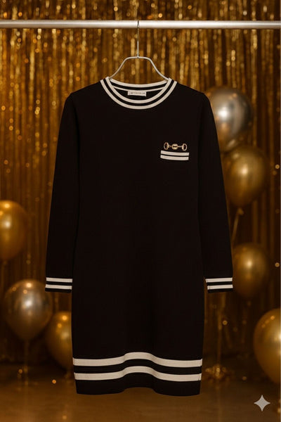 Elegant Black Knit Mini Dress with Gold Accent Pocket for Women