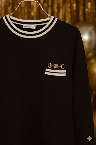 Elegant Black Knit Mini Dress with Gold Accent Pocket for Women