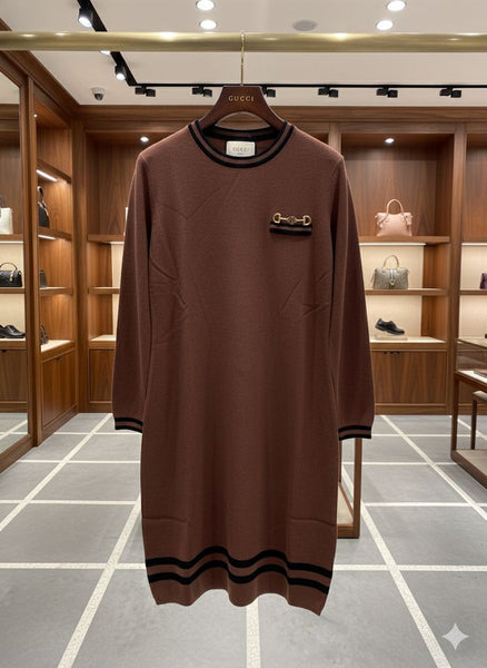 Elegant Brown Knitted Dress with Gold Accent Pocket for Women