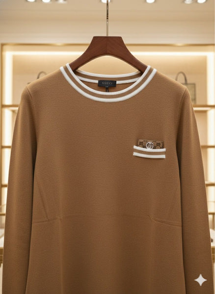 Premium Knitted Beige Dress with Gold Accent Pocket for Women