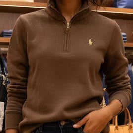 Women’s Classic Brown Quarter-Zip Pullover with Signature