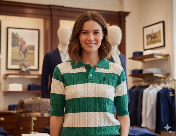 Green and Ivory Cable-Knit Striped Polo Classic Casual Eleganc
