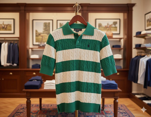 Green and Ivory Cable-Knit Striped Polo Classic Casual Eleganc