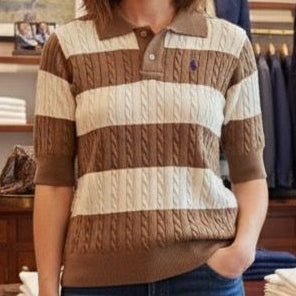 Women’s Brown & White Striped Cable-Knit Polo Tee