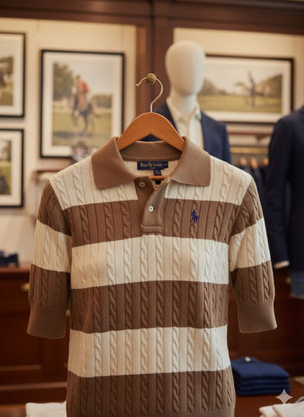Women’s Brown & White Striped Cable-Knit Polo Tee