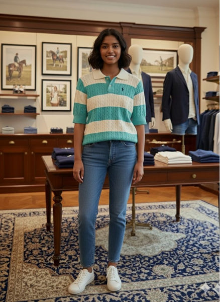 Luxury Skyblue and White Cable-Knit Striped Polo