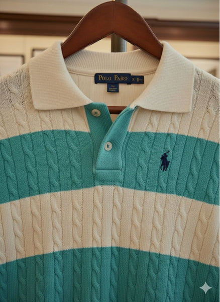 Luxury Skyblue and White Cable-Knit Striped Polo