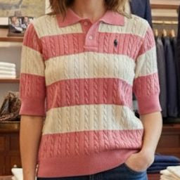 Women’s Pink & White Striped Cable-Knit Polo Tee