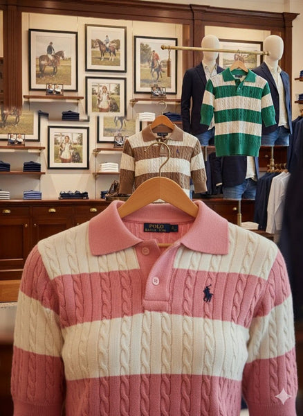Women’s Pink & White Striped Cable-Knit Polo Tee