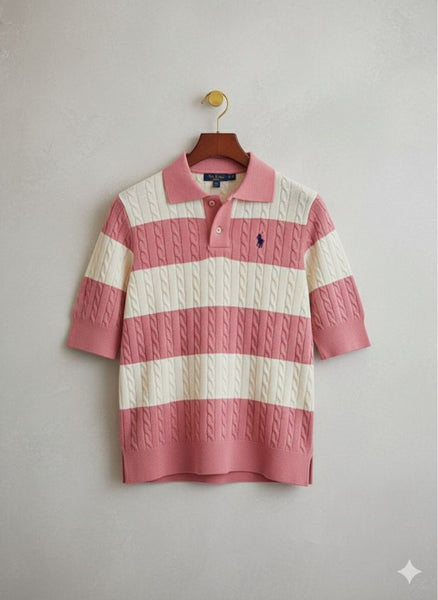 Women’s Pink & White Striped Cable-Knit Polo Tee