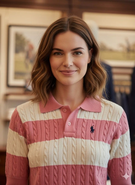Women’s Pink & White Striped Cable-Knit Polo Tee