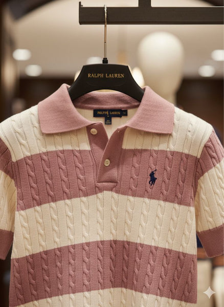 Luxury Purple and White Cable-Knit Striped Polo