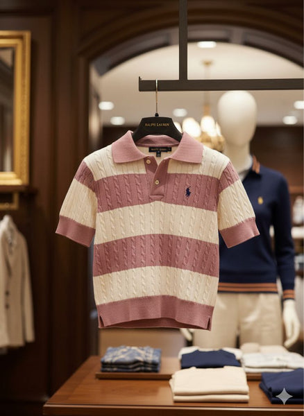 Luxury Purple and White Cable-Knit Striped Polo
