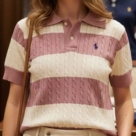 Luxury Purple and White Cable-Knit Striped Polo
