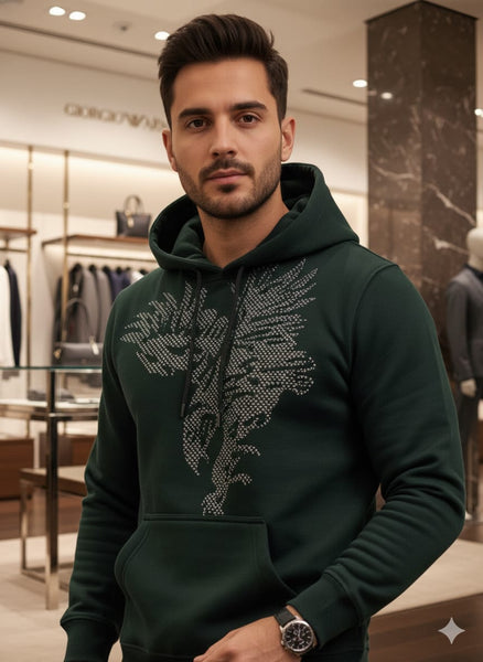 Emerald Luxe Hoodie with Crystal Wing Artwork
