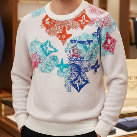 Luxurious Multi-Color Brand Printed White Pullover