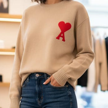 Beige Heart-A Crewneck Sweater  Cozy Chic Statement Knit