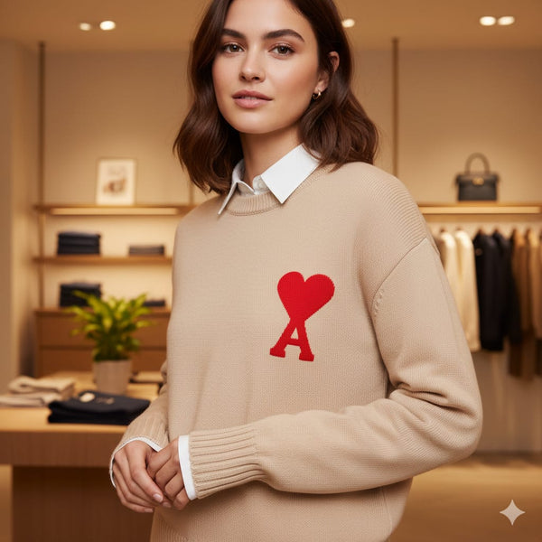 Beige Heart-A Crewneck Sweater  Cozy Chic Statement Knit