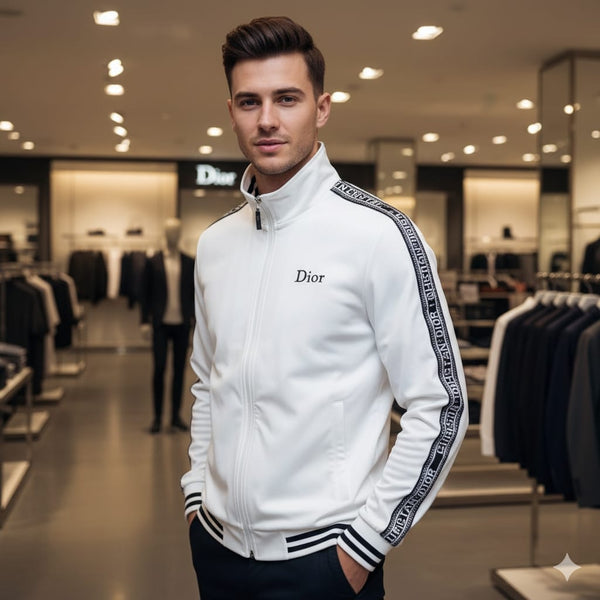 Luxury Black Brand Signature Track Jacket with Logo Tape Sleeves