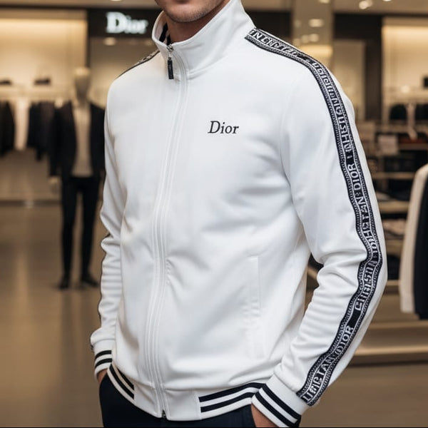 Luxury Black Brand Signature Track Jacket with Logo Tape Sleeves