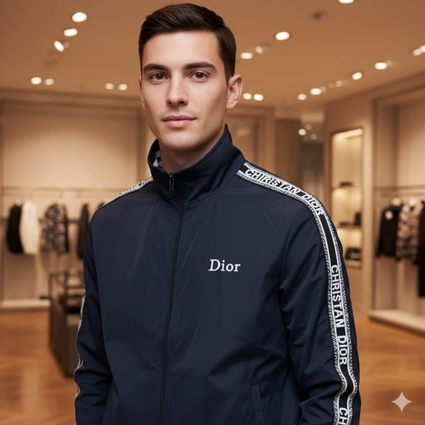 Luxury Black Brand Signature Track Jacket with Logo Tape Sleeves