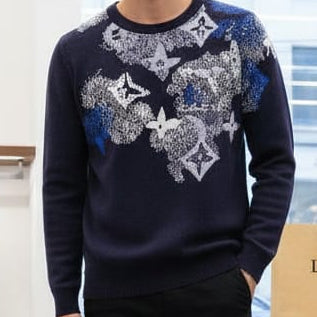 Luxurious Navy Designer Pullover with Artistic Monogram Pattern