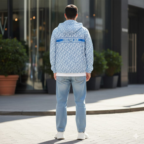 Premium Sky Blue Designer Monogram Hooded Jacket