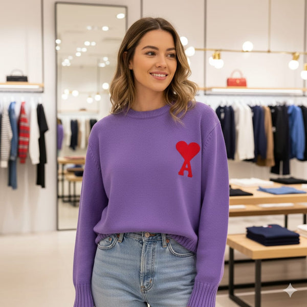 Premium Classic Lavender Knit Pullover with Heart Logo For Woman