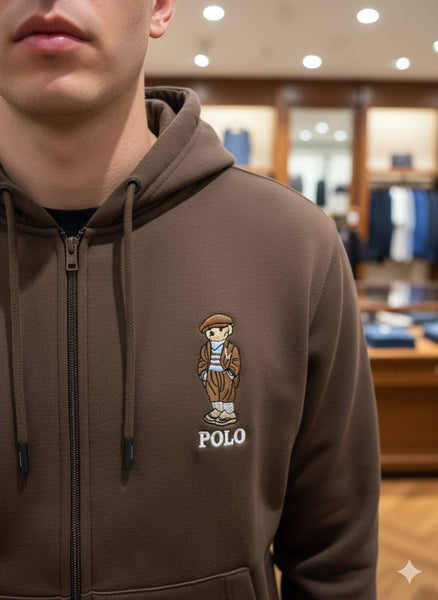 Luxury Classic Brown Polo Bear Zip-Up Hoodie