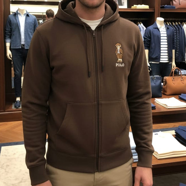 Luxury Classic Brown Polo Bear Zip-Up Hoodie