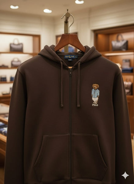 Premium Classic Brown Embroidered Bear Zip-Up Hoodie