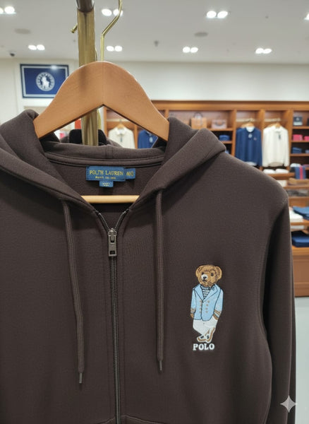 Premium Classic Brown Embroidered Bear Zip-Up Hoodie