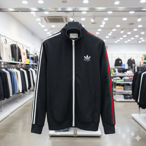 Men Black Athletic Track Jacket – Multi-Stripe Sleeve Design