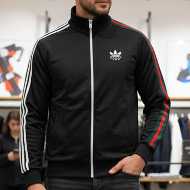 Men Black Athletic Track Jacket – Multi-Stripe Sleeve Design