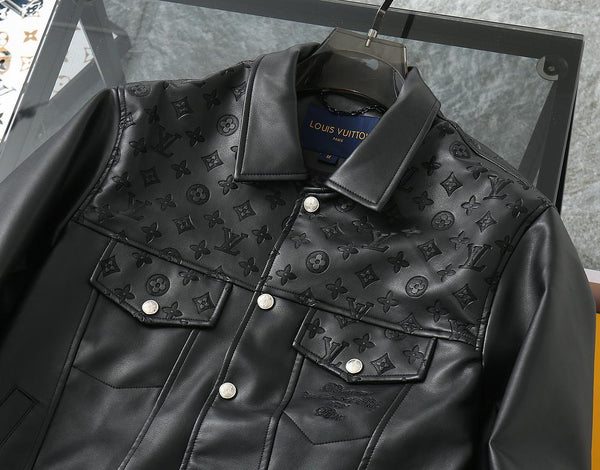 Premium Black Leather Jacket with Signature Monogram Design