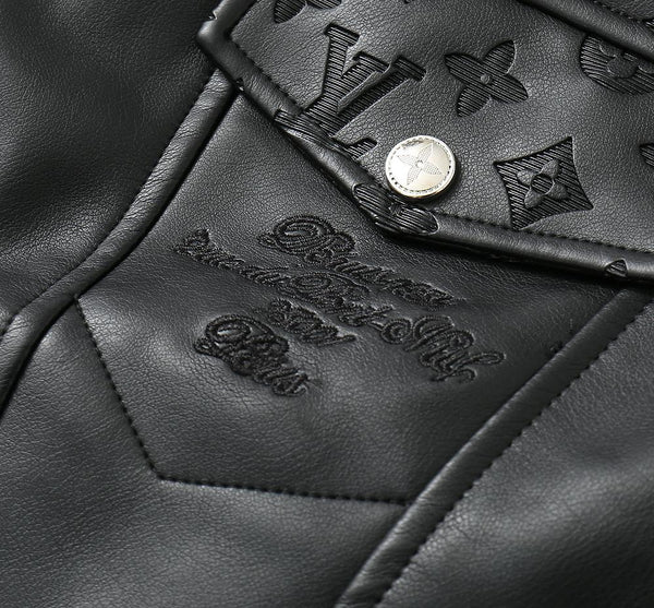 Premium Black Leather Jacket with Signature Monogram Design