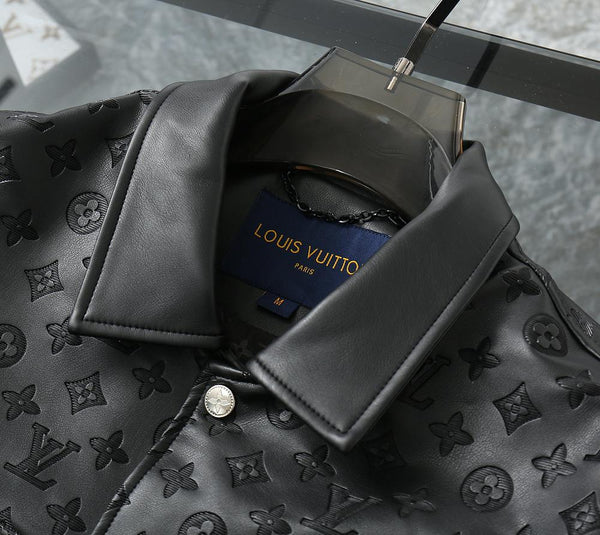 Premium Black Leather Jacket with Signature Monogram Design