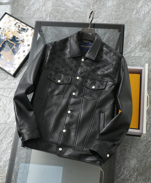 Premium Black Leather Jacket with Signature Monogram Design