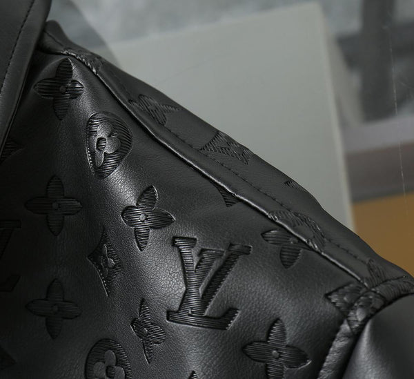 Premium Black Leather Jacket with Signature Monogram Design