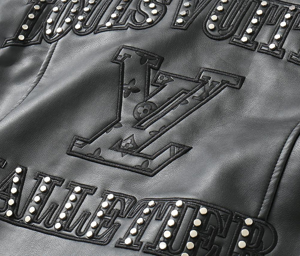 Premium Black Leather Jacket with Signature Monogram Design