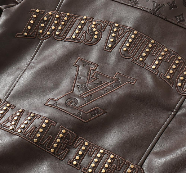 Luxurious Brown Leather Jacket with Monogram Pattern