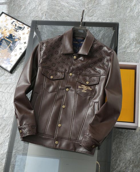 Luxurious Brown Leather Jacket with Monogram Pattern