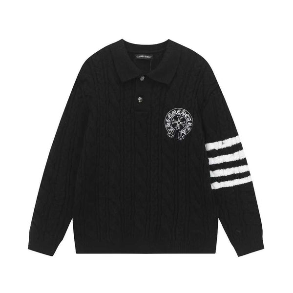 Luxury Black Cable Knit Rugby Polo Sweater