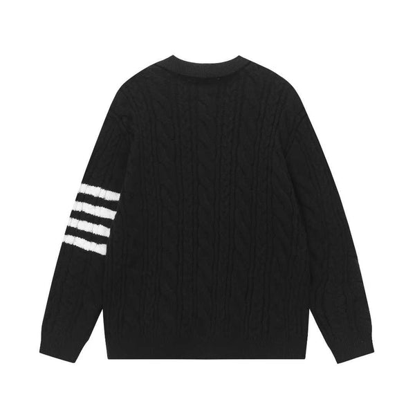 Luxury Black Cable Knit Rugby Polo Sweater