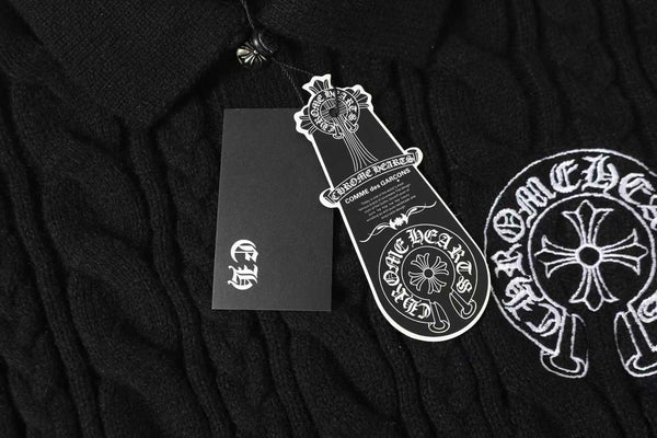 Luxury Black Cable Knit Rugby Polo Sweater