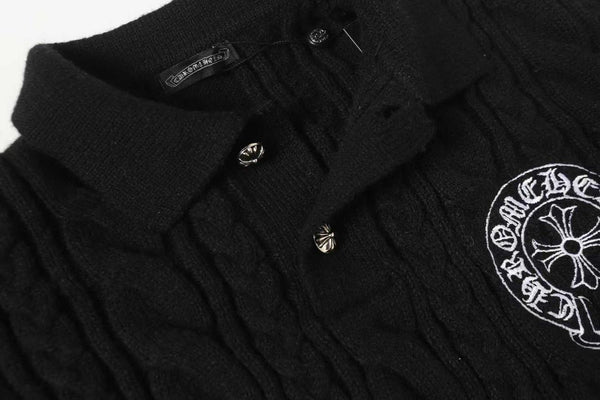 Luxury Black Cable Knit Rugby Polo Sweater
