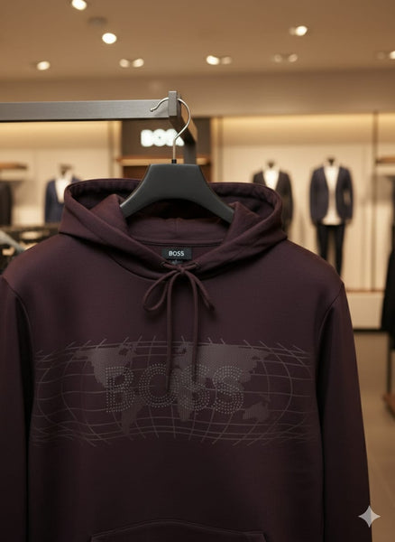 Men's Dark Plum Hoodie with Global Map Graphic