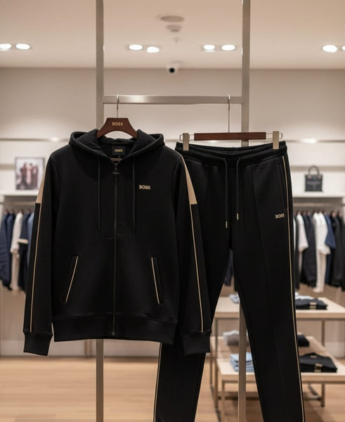 Branded Black Tracksuit with Beige Side Stripes