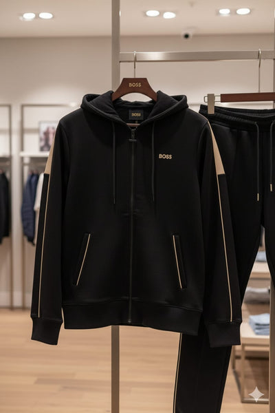 Branded Black Tracksuit with Beige Side Stripes