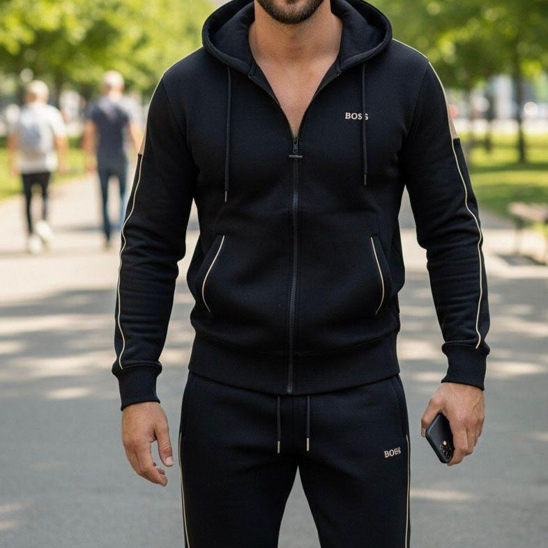 Branded Black Tracksuit with Beige Side Stripes